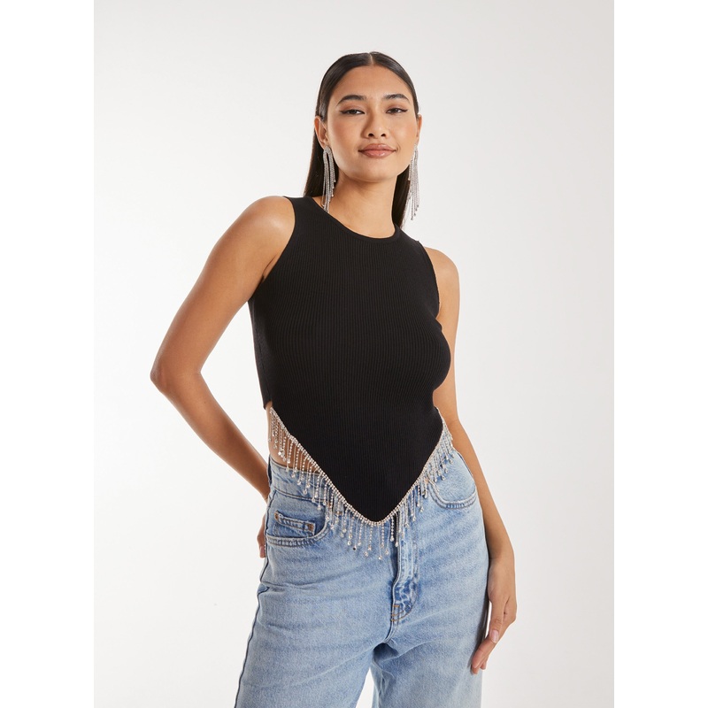 Diamante Hem Hanky Top-S/M & M/L-Black