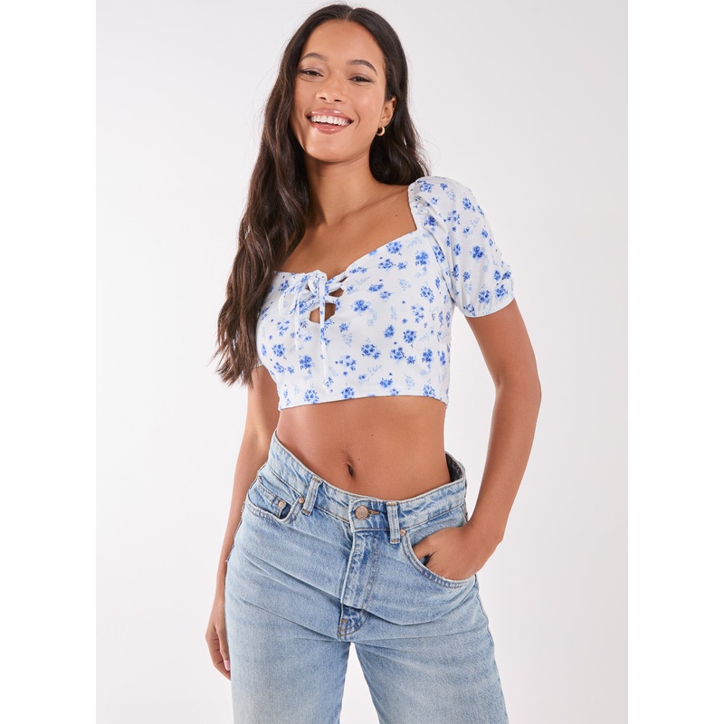 Floral Puff Sleeve Crop Top-S & M & L-BLUE PATTERN