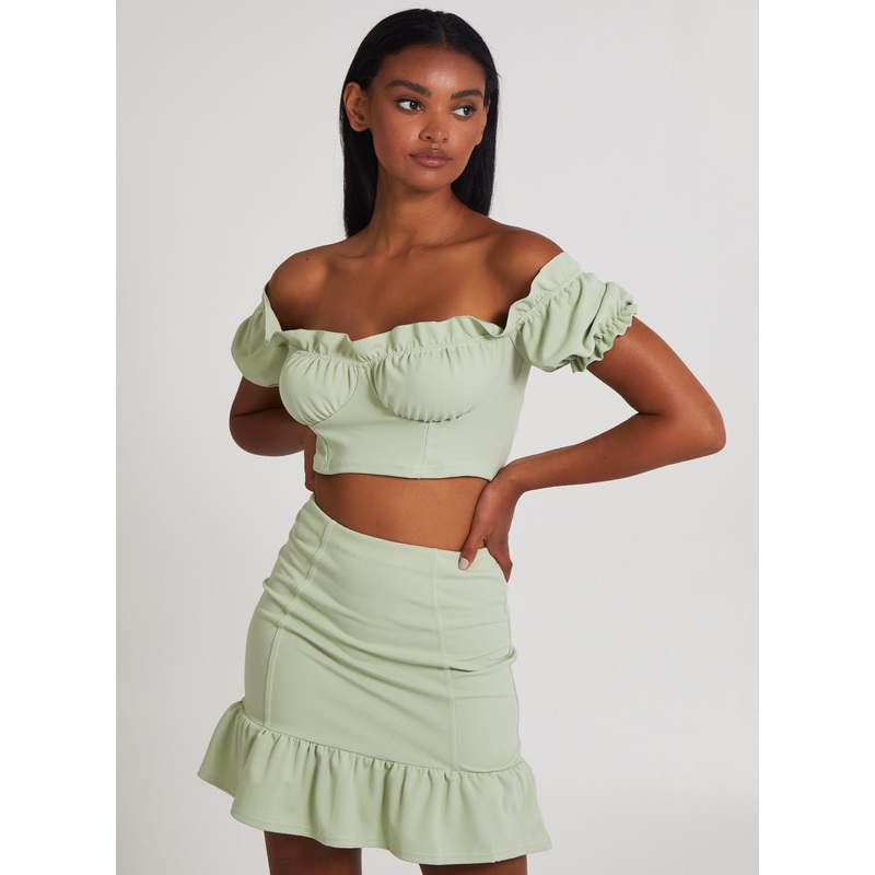 Frill Detail Milkmaid Top-S & M & L-SAGE