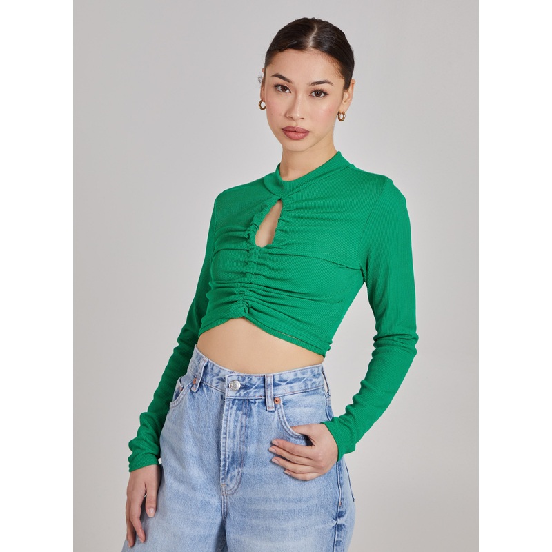 Gathered Ribbed Top With Cut Out Detailing