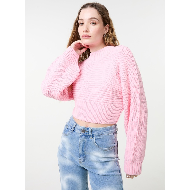 High Neck Knitted Crop Jumper-S & M & L-PRETTY PINK