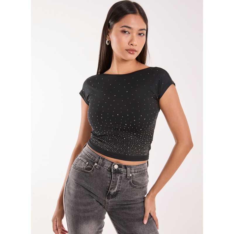 Rhinestone Scoop Back Top-S & M & L-BLACK