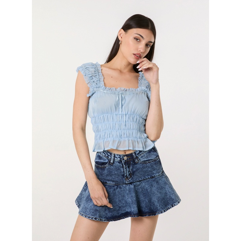 Ribbon Trim Milkmaid Top-S/M & M/L-BLUE