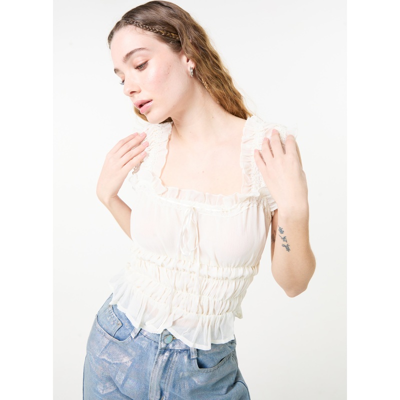 Ribbon Trim Milkmaid Top-S/M & M/L-IVORY