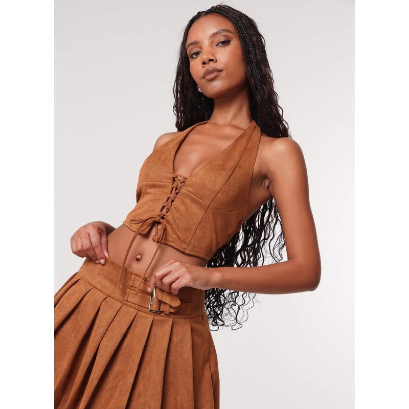 Suedette Lace Halterneck Top-S & M & L-BROWN