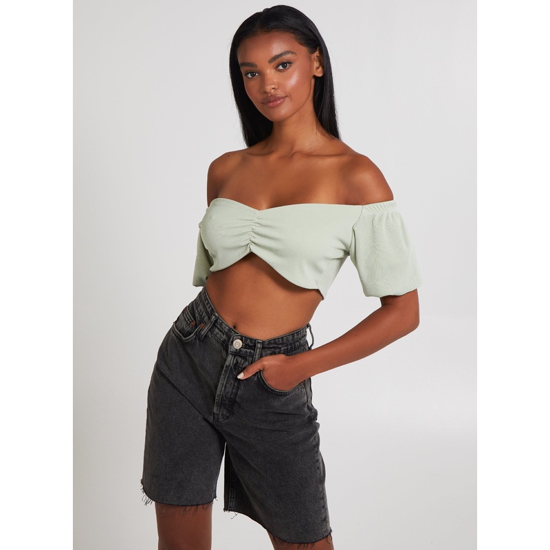 Waffle Rib Ruched Crop Top-S & M & L-Sage