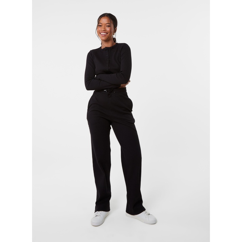 Wide Leg Ribbed Trousers-S & M & L-BLACK