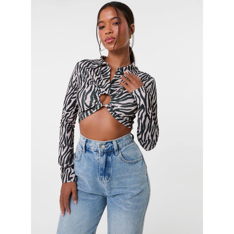 Zebra Print Collared Top-6 & 8 & 10 & 12 & 14-STONE