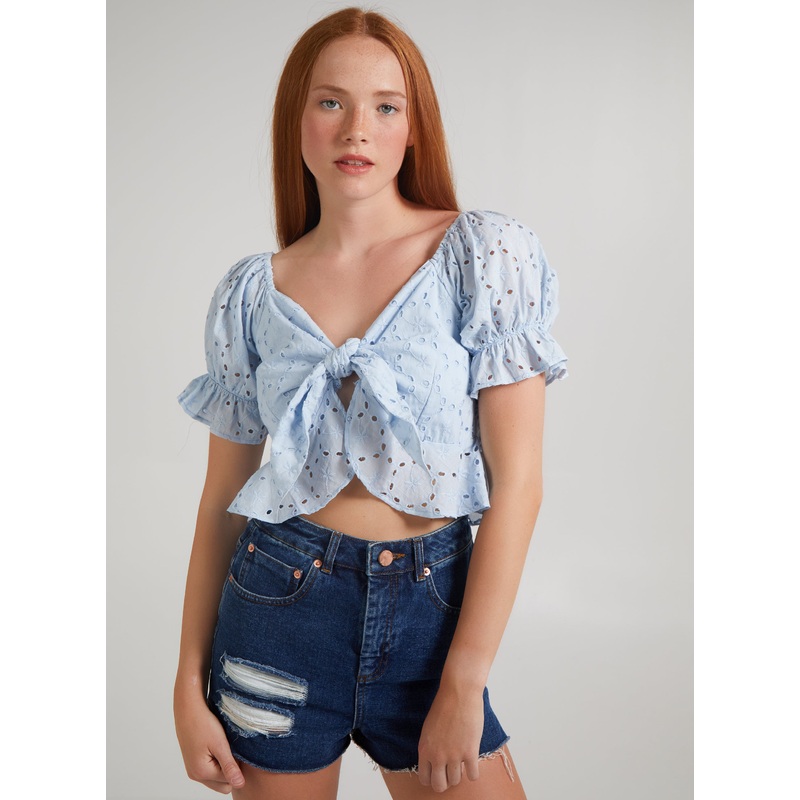 Anglaise Tie Front Crop Top-6 & 8 & 10 & 12 & 14-Blue