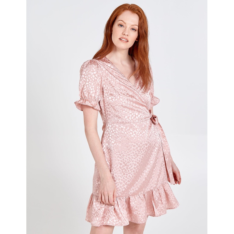 Animal Spot Wrap Over Puff Sleeve Dress
