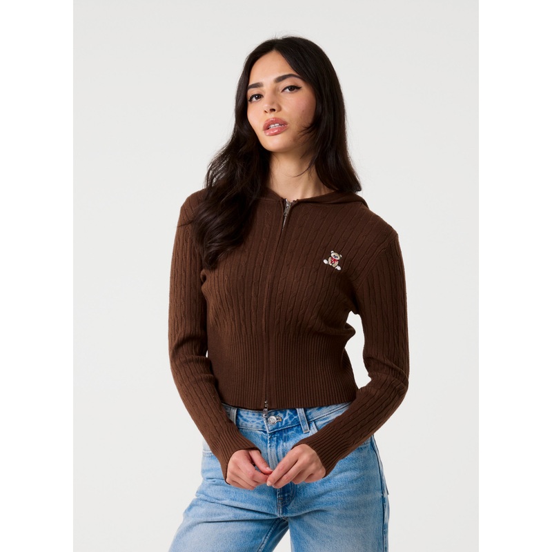 Cable Knit Bear Hoodie-S/M & M/L-CHOCOLATE