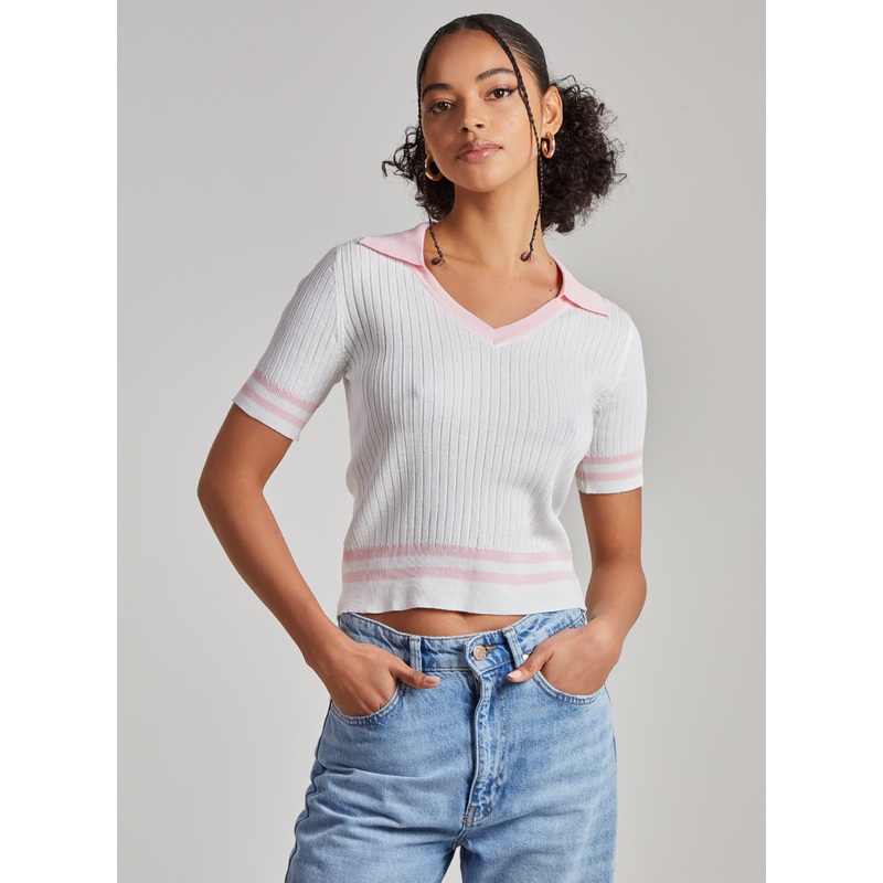 Collared Sports Stripe Knitted Top