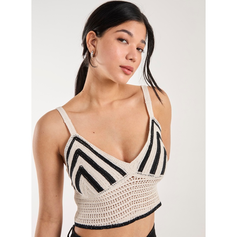 Contrast Crochet Bralette-S/M & M/L-STONE/BLACK