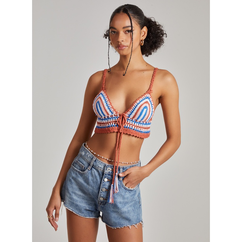 Crochet Tie Neck Bralette-S/M & M/L-Rust