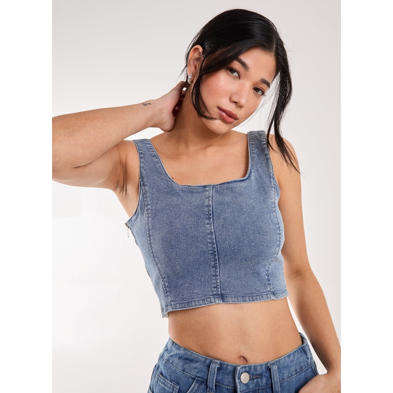 Denim Cropped Corset Top-S & M & L-DENIM