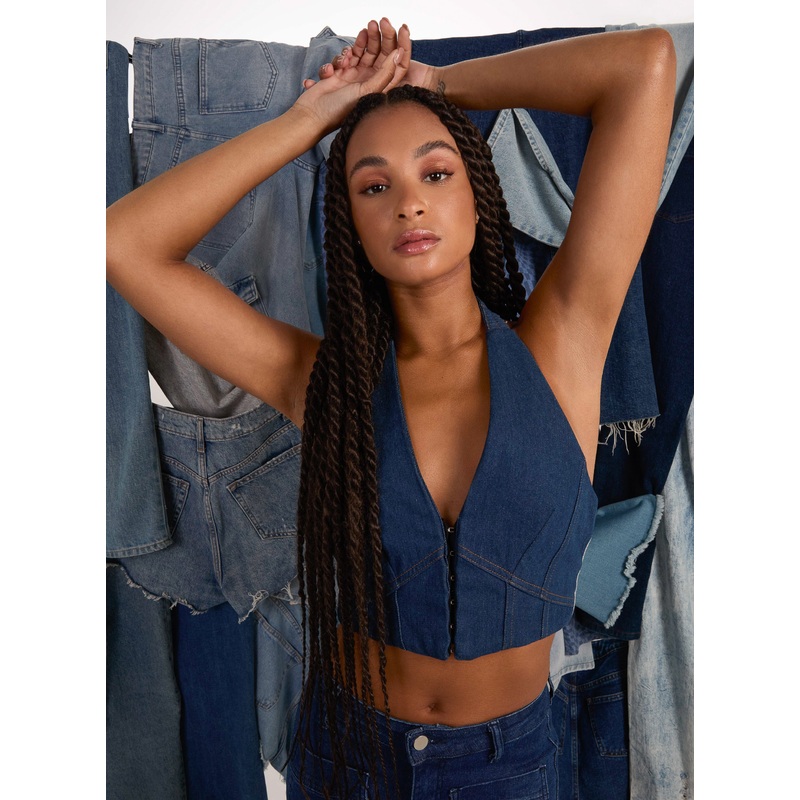 Denim Halterneck Crop Top-S & M & L-DENIM