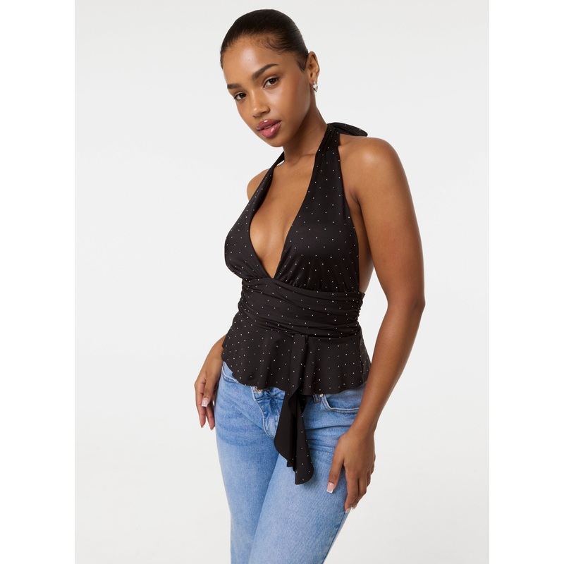 Diamante Halter Neck Top-ONE-BLACK