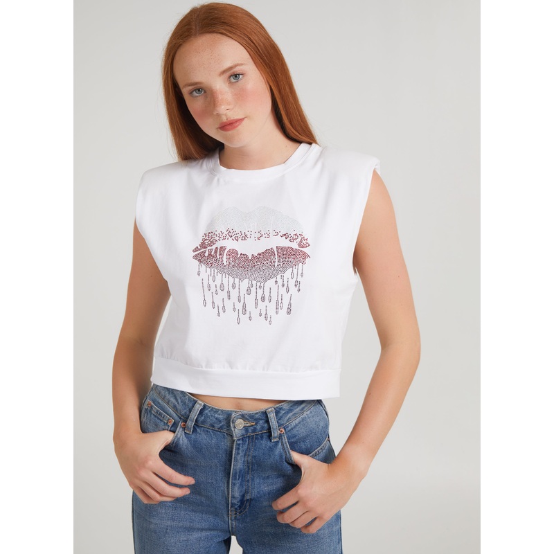 Diamante Lips Sleeveless Top-S & M & L-White