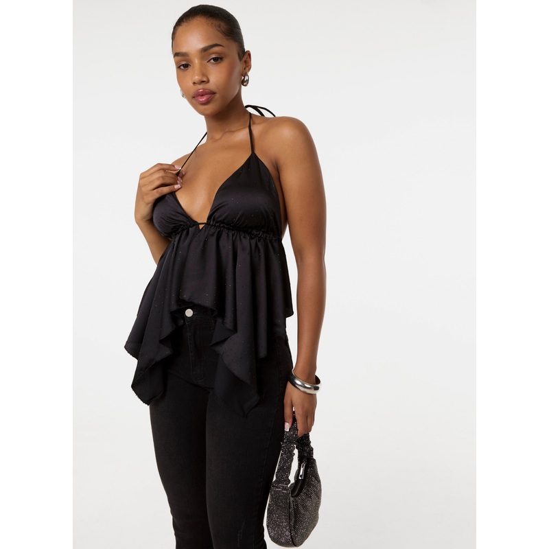 Diamante Satin Halter Top-ONE-BLACK