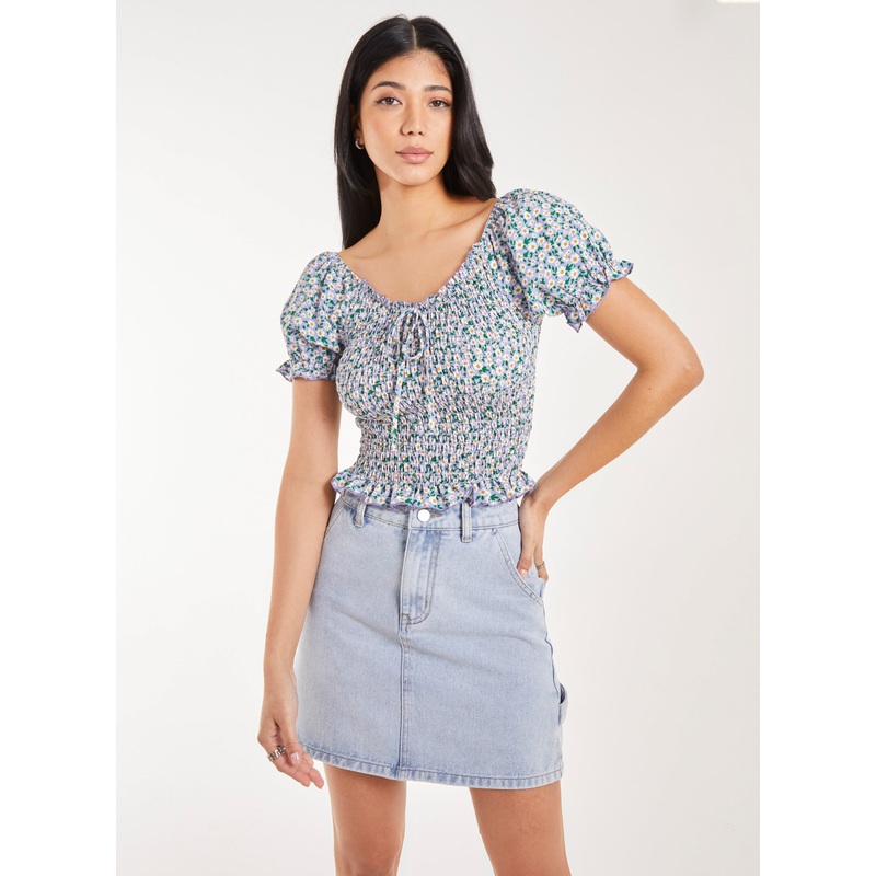 Floral Puff Sleeve Shirred Top