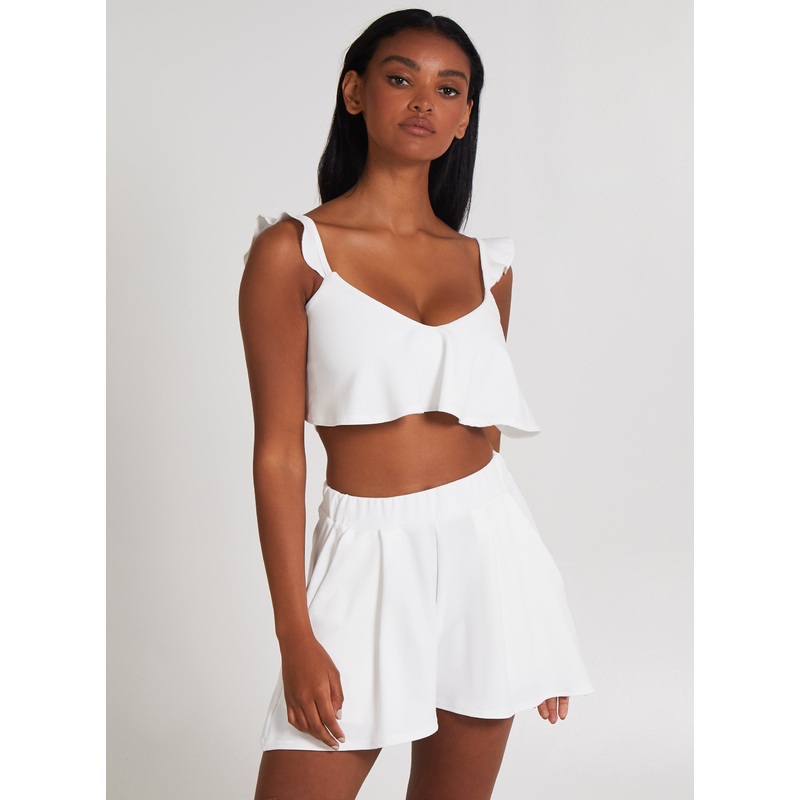 Frill Strap Detail Crop Top-S & M & L-White