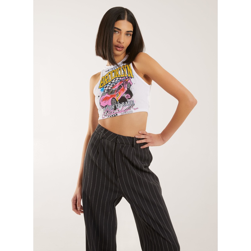 Ribbed Printed Motor Vest-S & M & L-White