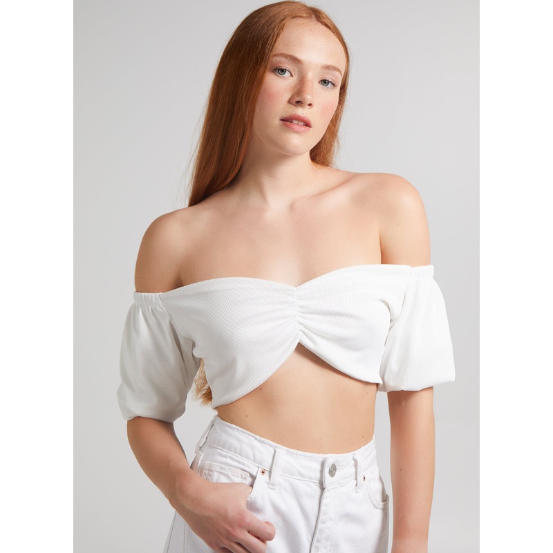 Ribbed Waffle Crop Top-S & M & L-Ivory