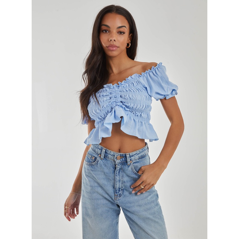 Ruched Puff Sleeve Frill Trim Top
