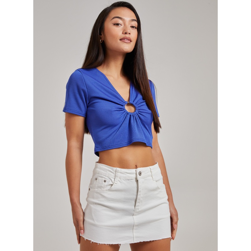 Short Sleeve Ring Cut Out Rib Top