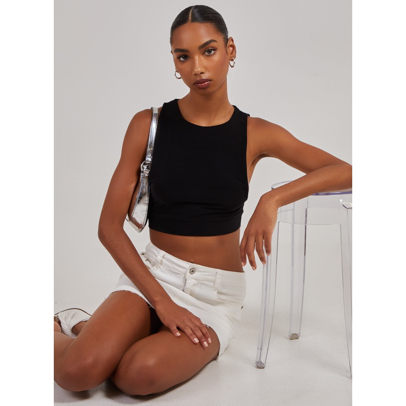 Sleeveless Slinky Crop Top-S/M & M/L-Black