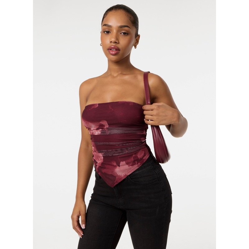 Smoke Print Ruched Bandeau Top