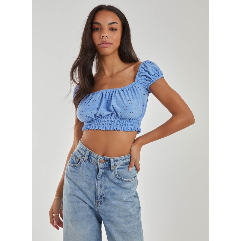 Square Neck Cropped Broderie Top