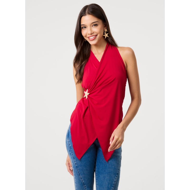 Star Detail Wrapover Halterneck Top