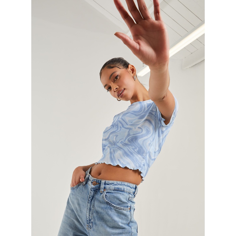 Swirl Print Capped Sleeve Mesh Top