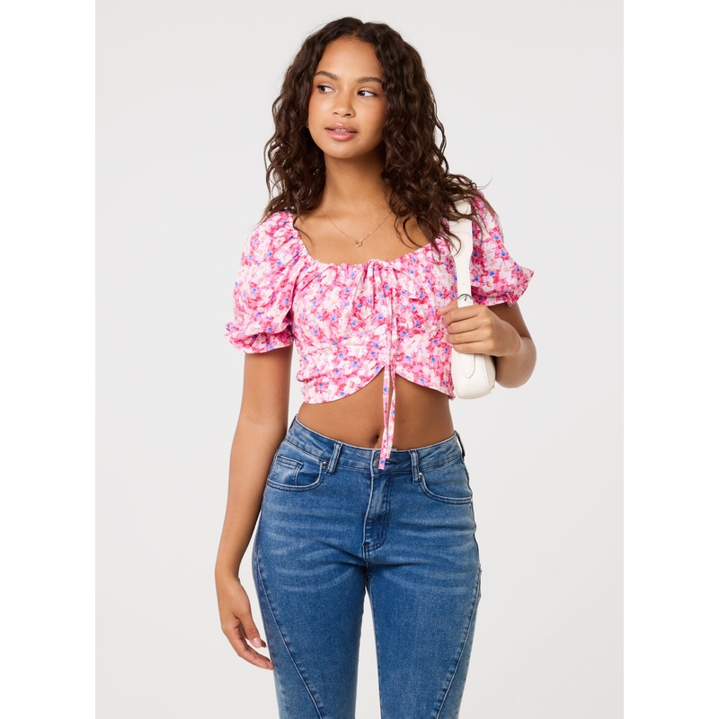 Tie Detail Puff Sleeve Crop Top