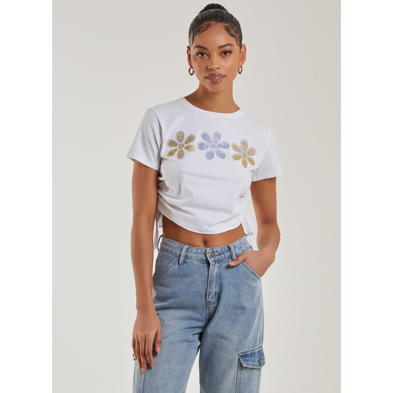 Tie Diamante Flower Top-S & M & L-White