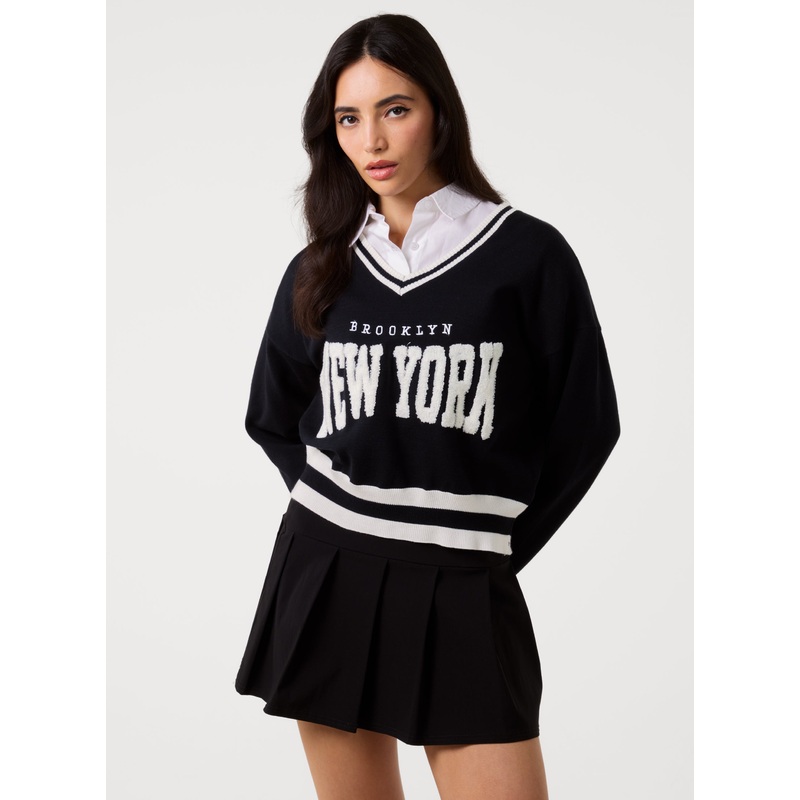 V Neck Varsity Sweatshirt-S/M & M/L-BLACK