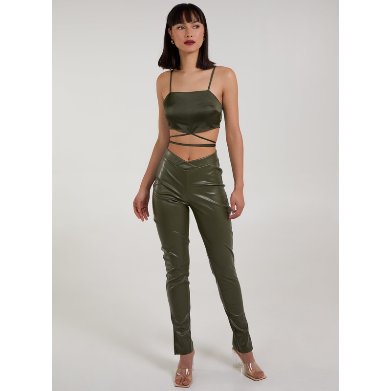 V Rise Side Slpit PU Trousers-6 & 8 & 10 & 12 & 14-Khaki