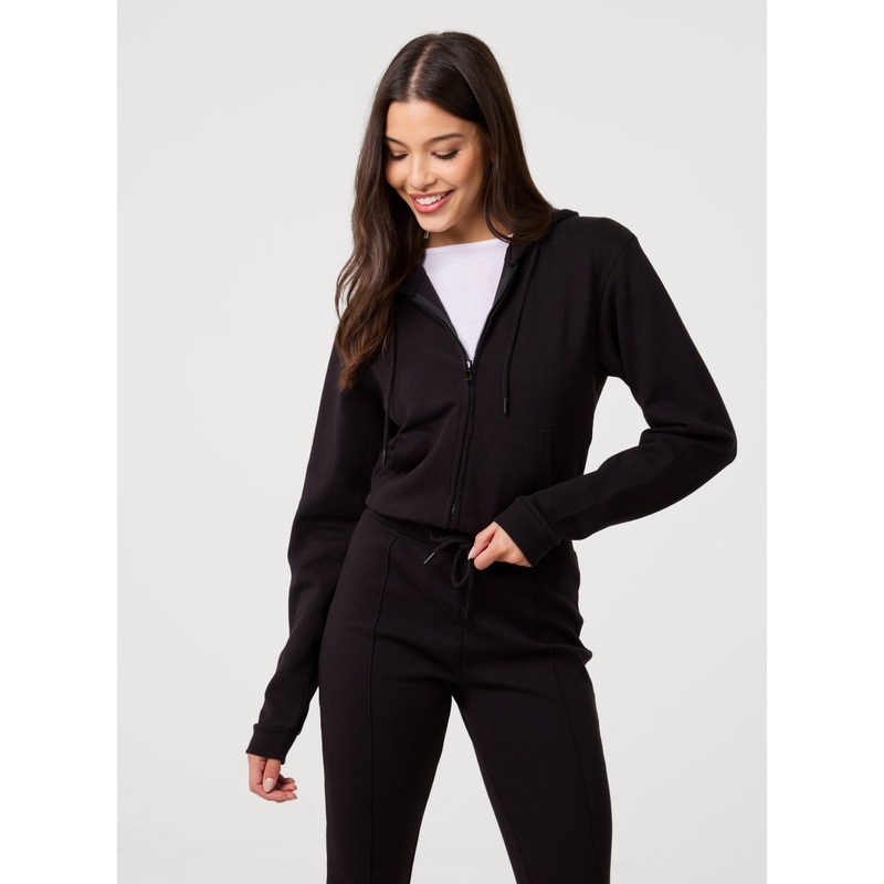 Zip Up Cropped Hoodie-S & M & L-BLACK