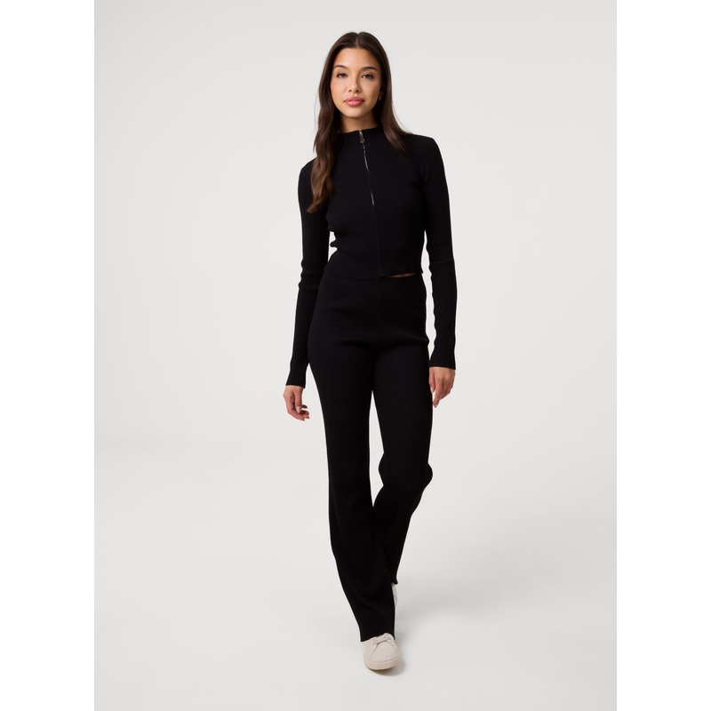 Zip Up Ribbed Set-S/M & M/L-BLACK