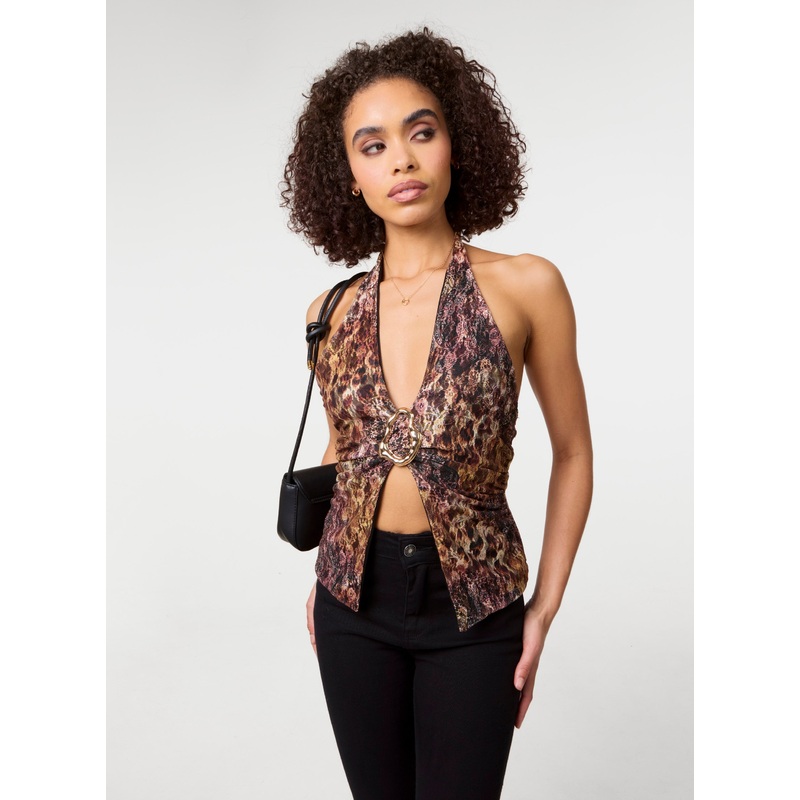 Animal Lace Halter Neck Top-S & M & L-ANIMAL