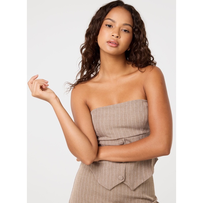 Bustier Pinstripe Button Top-S/M & M/L-BEIGE