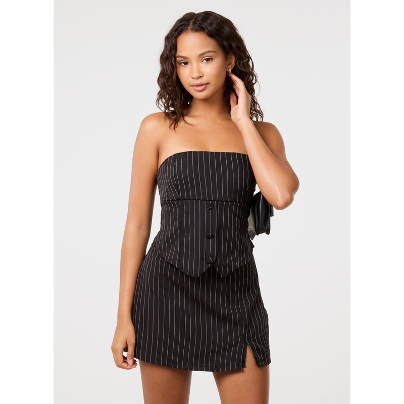 Bustier Pinstripe Button Top-S/M & M/L-BLACK
