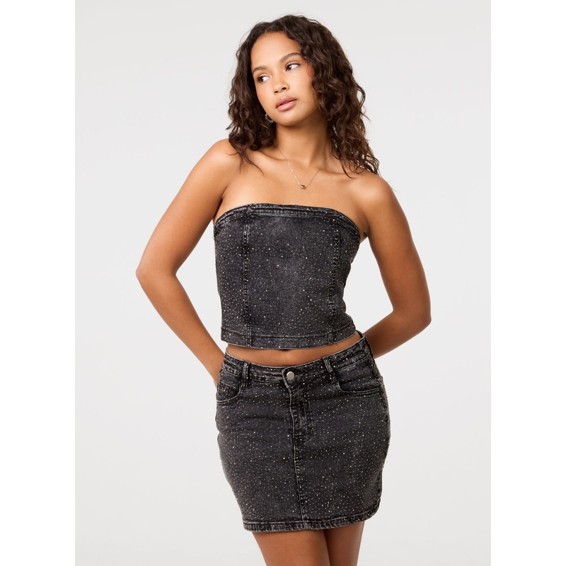 Diamante Denim Bandeau Top-S & M & L-BLACK