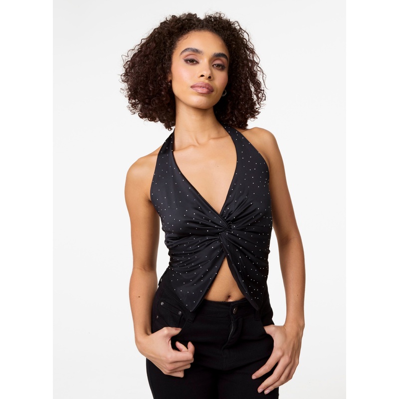 Diamante Slinky Halter Top-S & M & L-BLACK