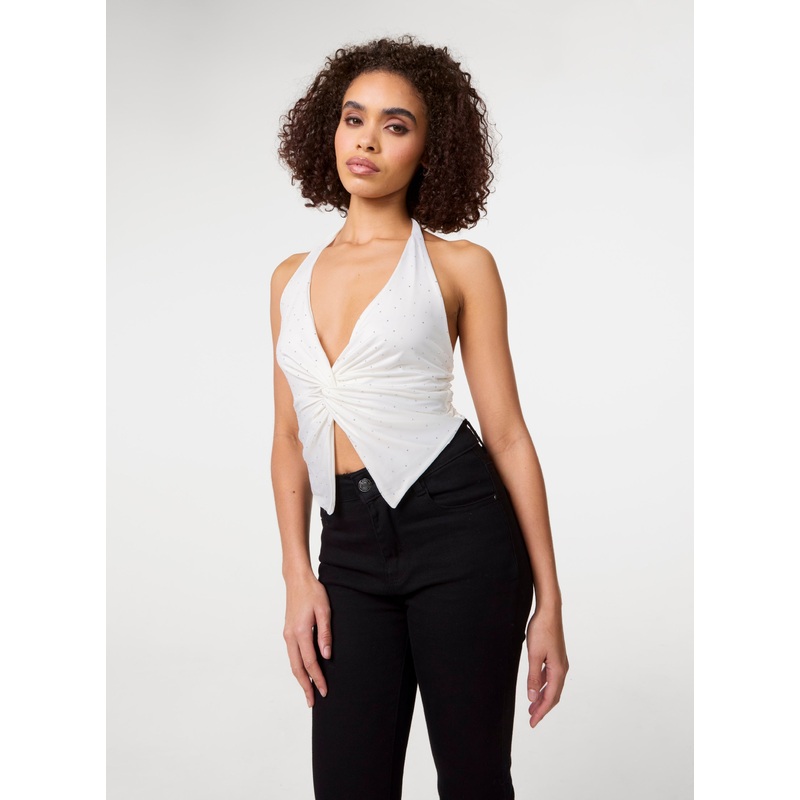 Diamante Slinky Halter Top-S & M & L-IVORY