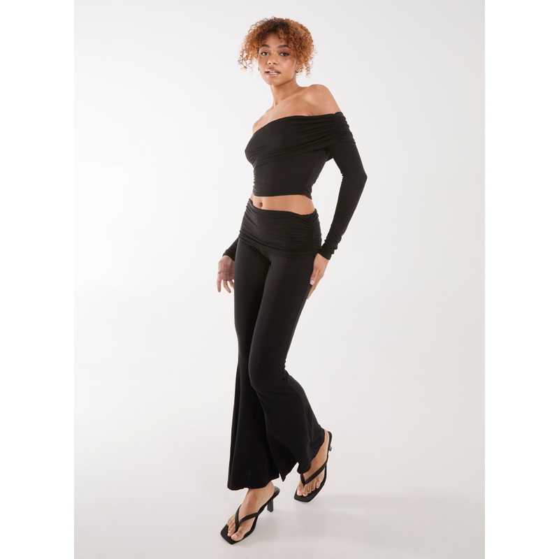 Fold Over Waist Lounge Flares-S & M & L-BLACK