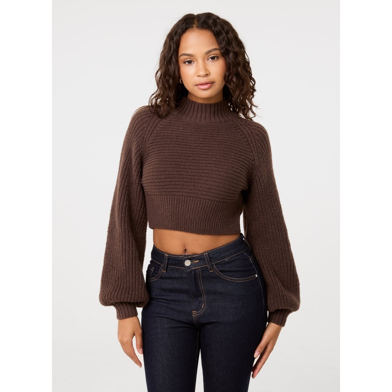High Neck Knitted Jumper-S/M & M/L-CHOCOLATE