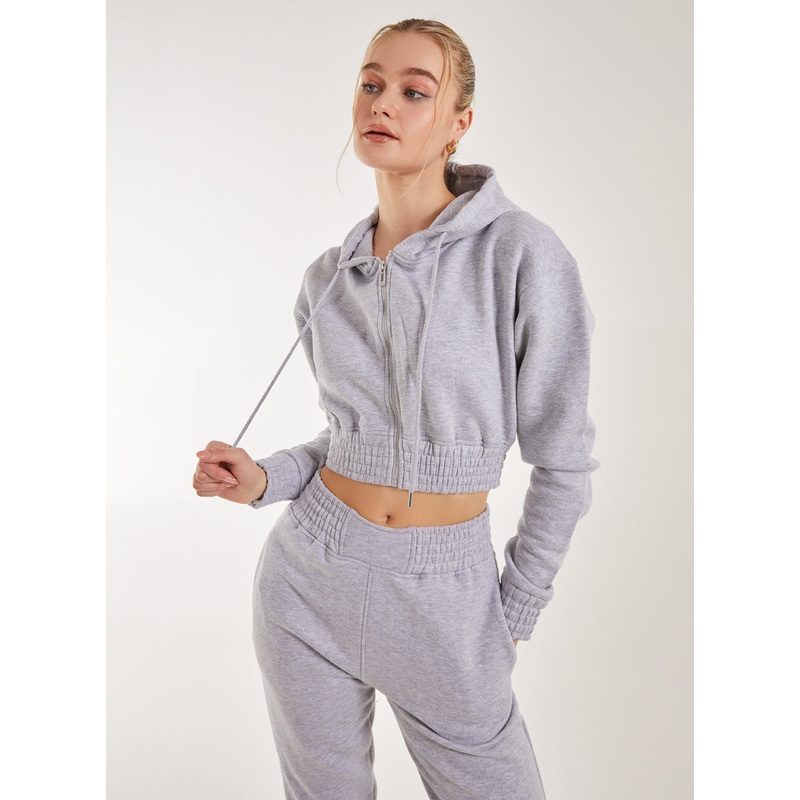 Long Sleeve Zip Up Hoodie-S & M & L-Grey