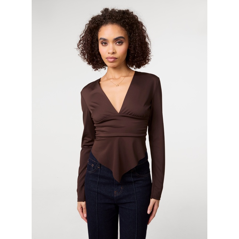 Stretch V Neck Hanky Hem Top-S/M & M/L-CHOCOLATE